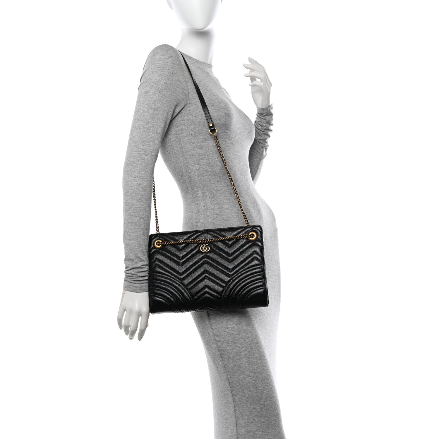 Gucci Azalea Calfskin Matelasse Heart Medium GG Marmont Slim Shoulder Bag Black 2 of 13