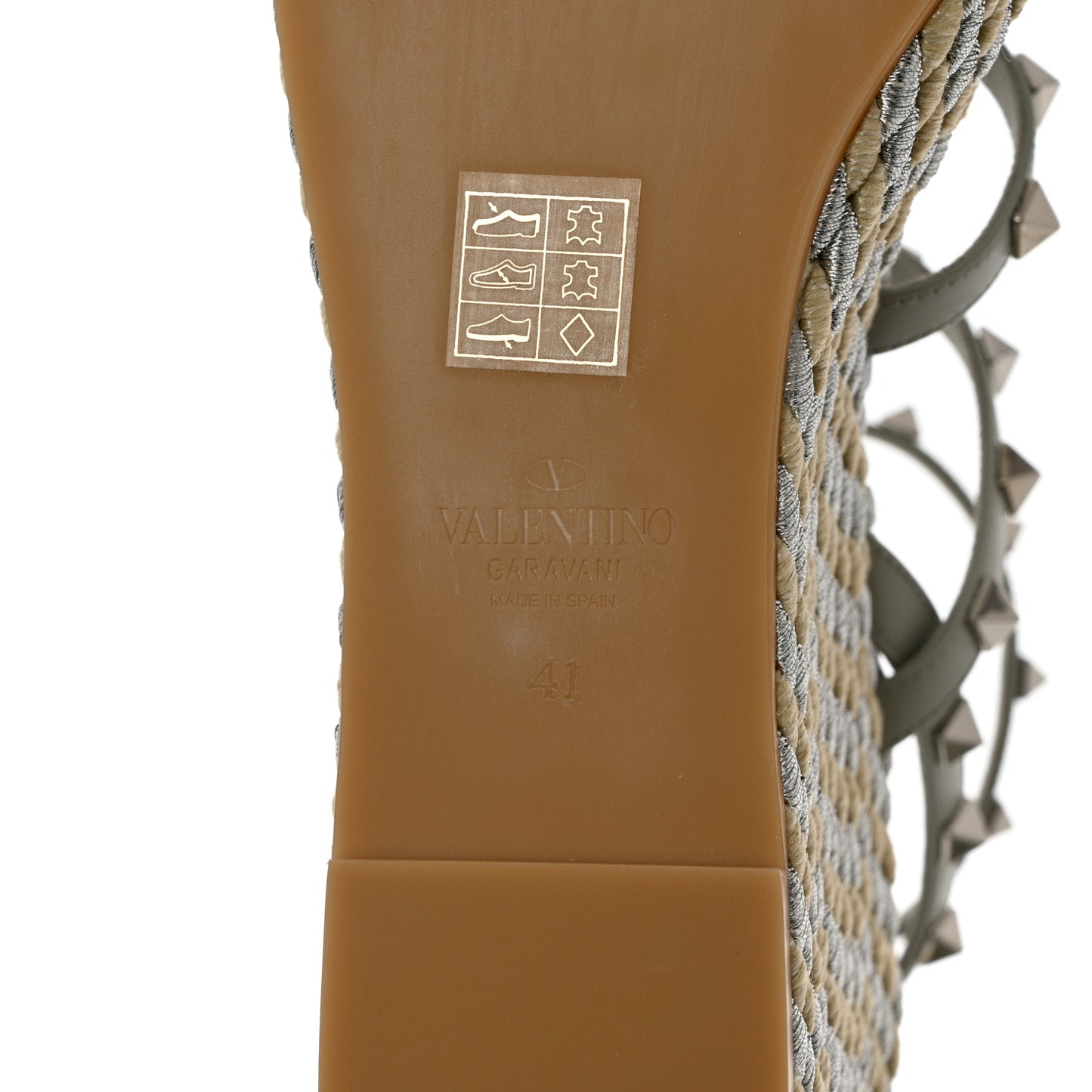 Calfskin Rockstud Ankle Strap Torchon Espadrille Caged 25/95mm Wedge Sandals 41 Opal Grey Argento Champagne