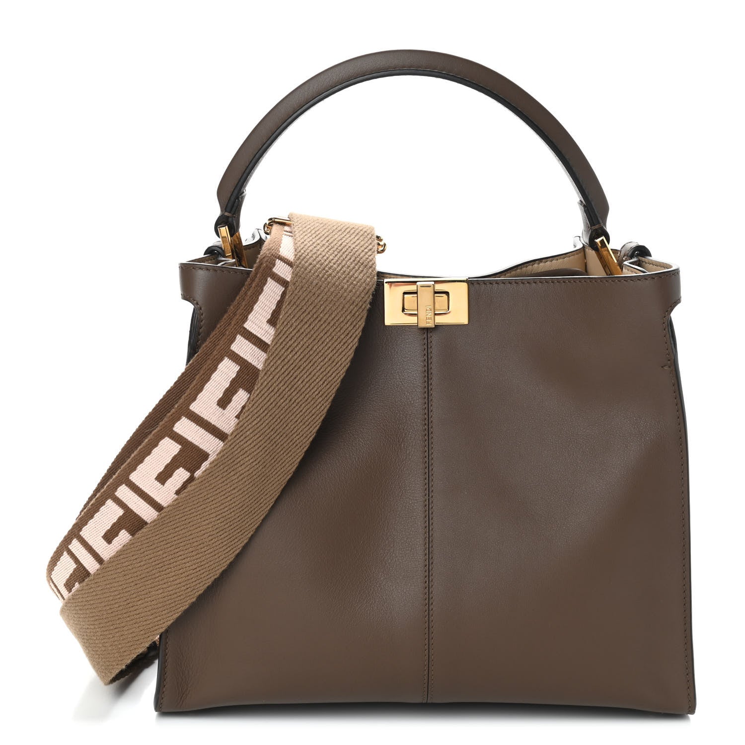 Fendi Vitello Seta Glazed Fabric FF 1974 Medium Peekaboo X-Lite Maya Mogano Panna 1 of 9