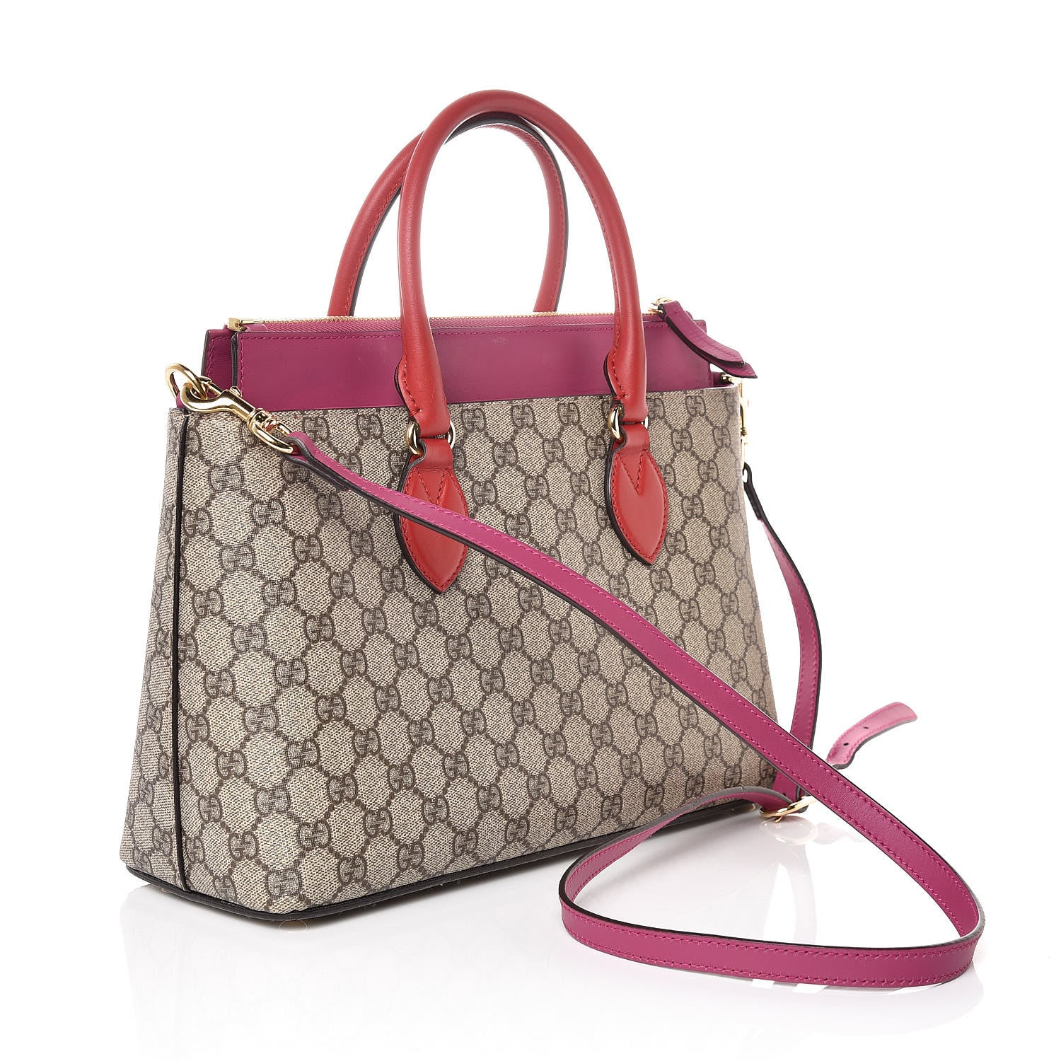 Gucci GG Supreme Monogram Moon Calfskin Small Zip Top Tote Beige Ebony Hibiscus Red New Rosette 3 of 7