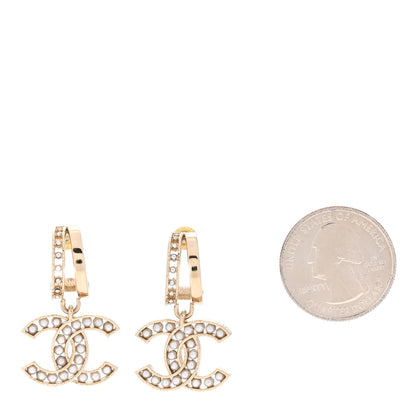 Chanel Crystal Pearl CC Hoop Drop Earrings Gold 2 of 4