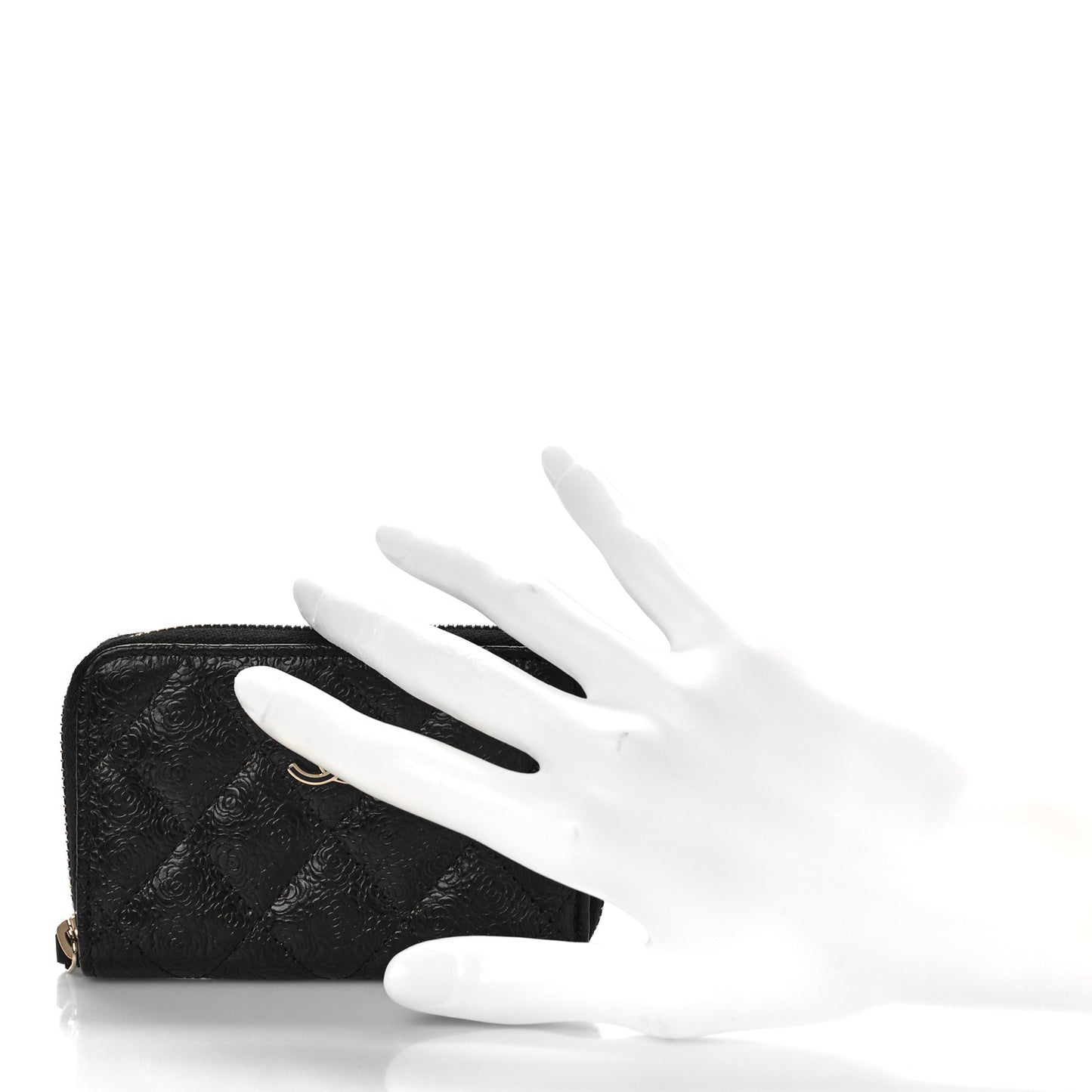 Calfskin Camellia Embossed Quilted Zip Coin Purse Black