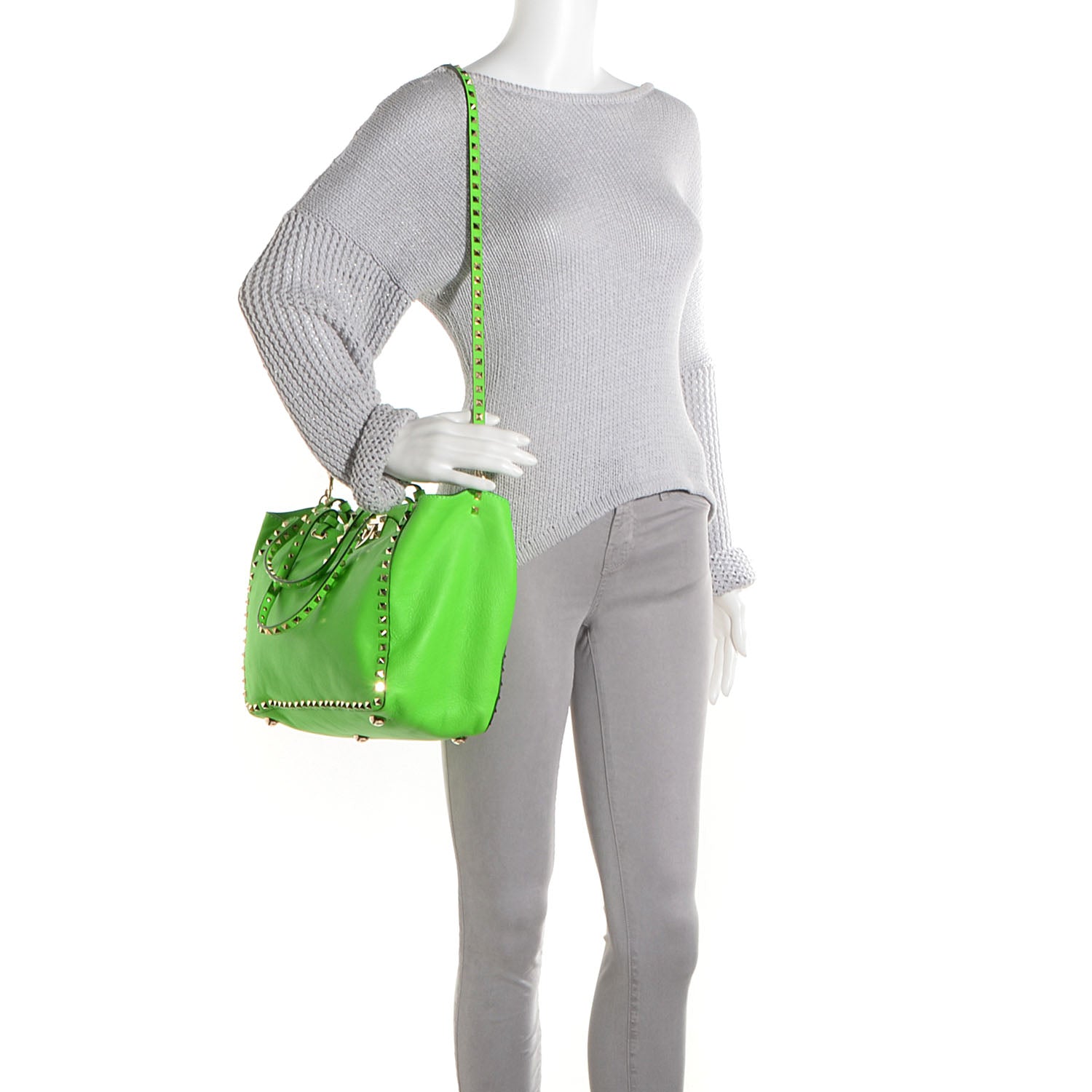 Valentino Garavani Vitello Medium Rockstud Tote Green Fluo 2 of 8