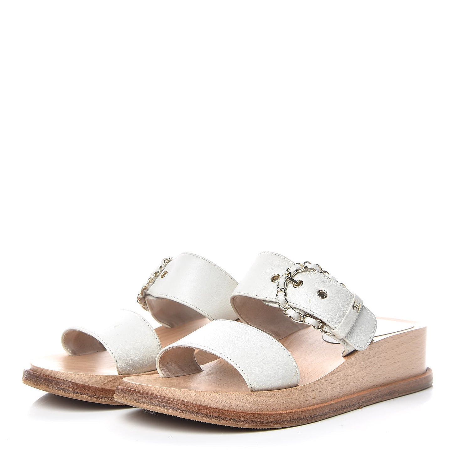 Calfskin Wood Buckle Sandals 40 White