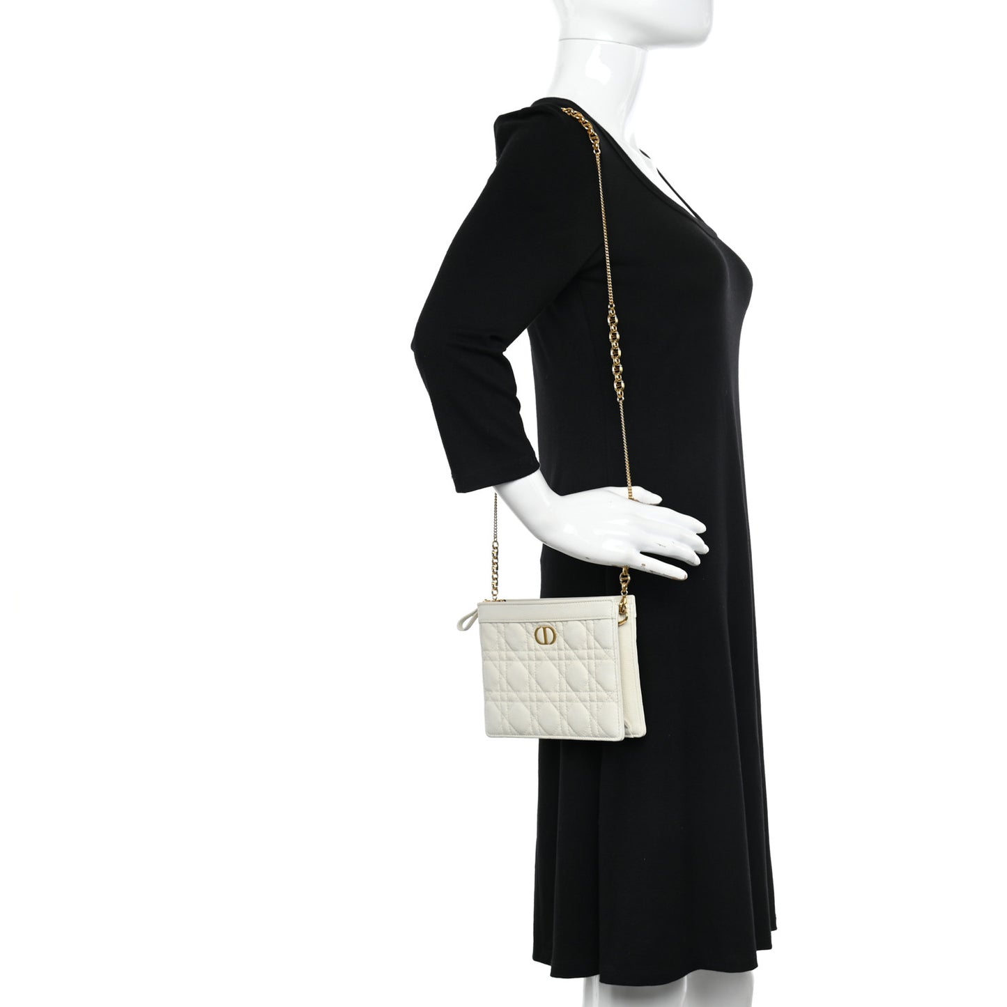 Calfskin Cannage Caro Zipped Pouch With Chain Latte