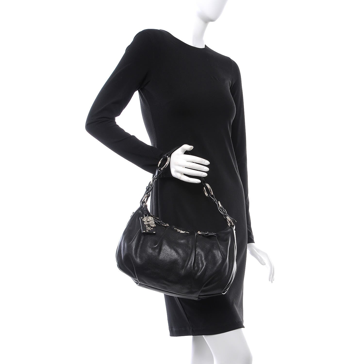 Prada Soft Calf Pleated Hobo Black 2 of 7