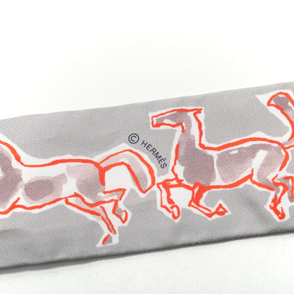 Hermes Silk Chevaux En Liberte Twilly Gris Perle Rouge White 3 of 4