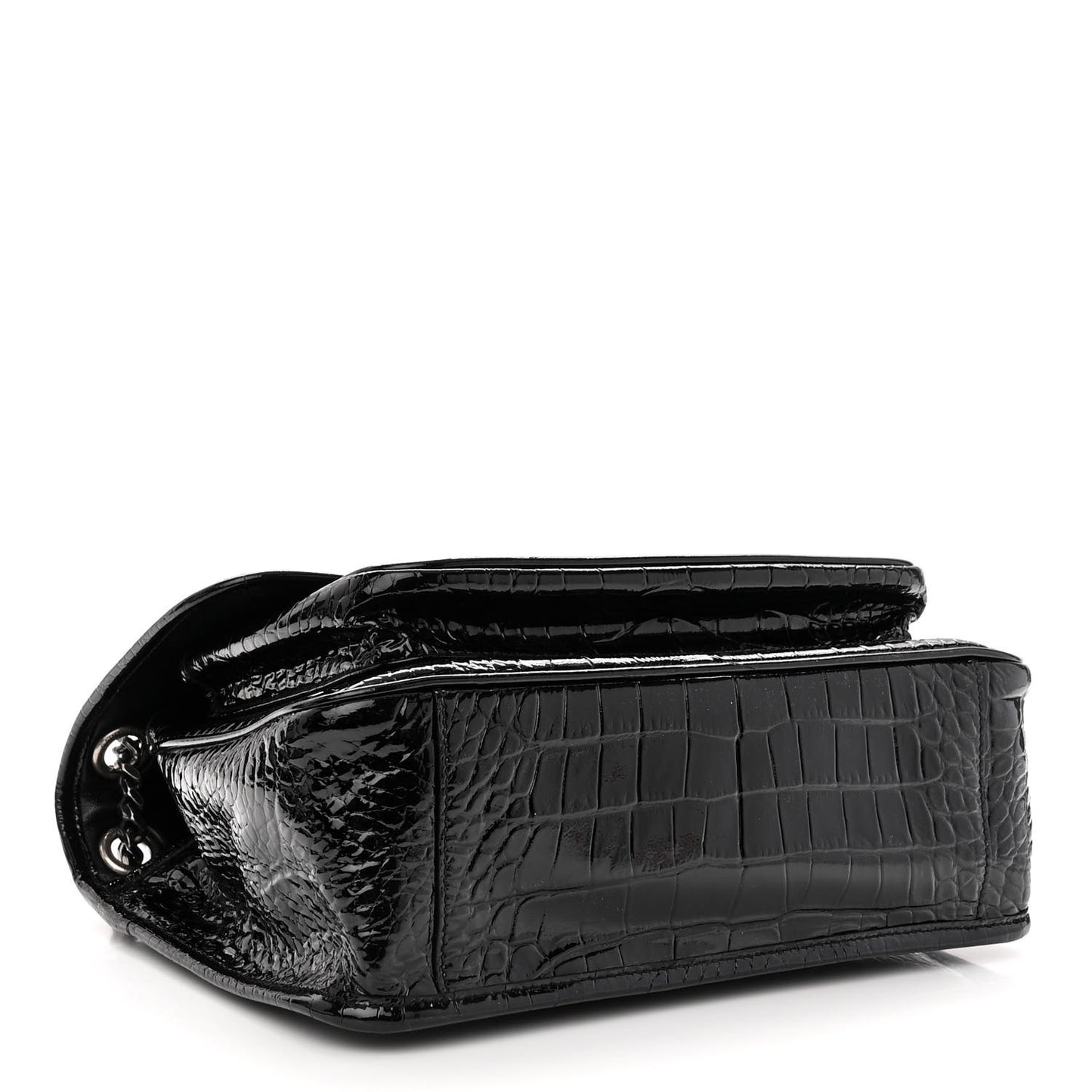 Patent Crocodile Embossed Lambskin Monogram Medium Niki Chain Satchel Black