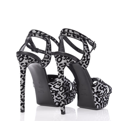 Saint Laurent Velvet Glitter Leopard Print Platform Sandals 40 Argento Black 7 of 18