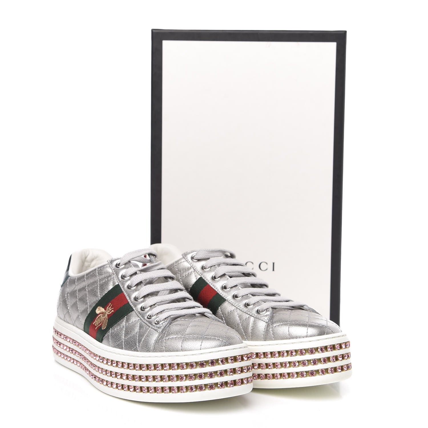 Gucci Laminated Nappa Crystal Web Bee Embroidered Trapuntata Womens Ace Platform Sneakers 37 Argento 9 of 9