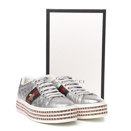 Gucci Laminated Nappa Crystal Web Bee Embroidered Trapuntata Womens Ace Platform Sneakers 37 Argento 9 of 9