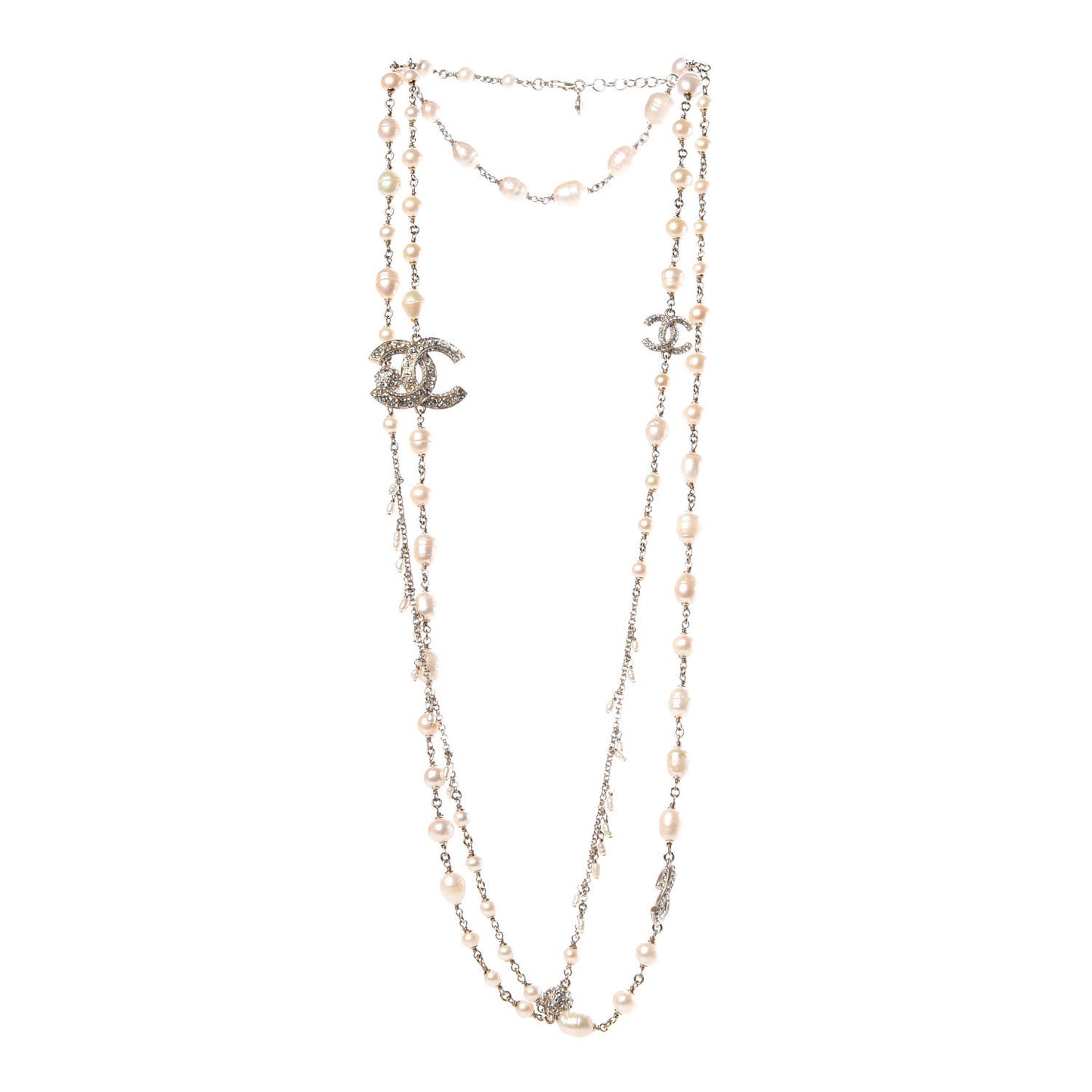 Crystal Pearl CC Long Necklace Gold