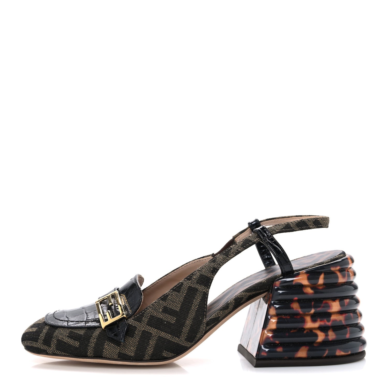 Fendi Calfskin Crocodile Embossed Promenade Slingback Loafer Pumps 37 Black 1 of 9