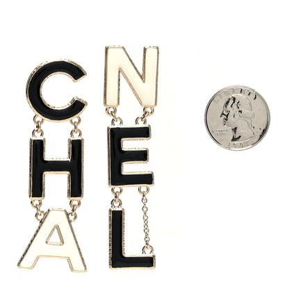 Chanel Metal Enamel Cha-Nel Logo Drop Earrings Black White 2 of 4