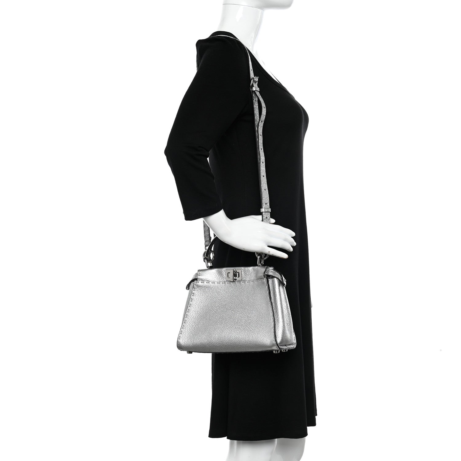 Fendi Cuoio Romano Lux Selleria Mini Peekaboo Iconic Satchel Argento 2 of 11
