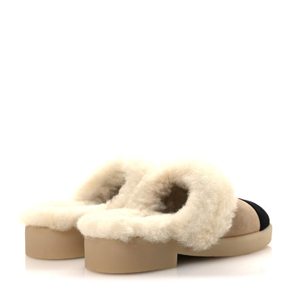 Chanel Suede Shearling CC Cap Toe Mules 39 Beige Black 5 of 10