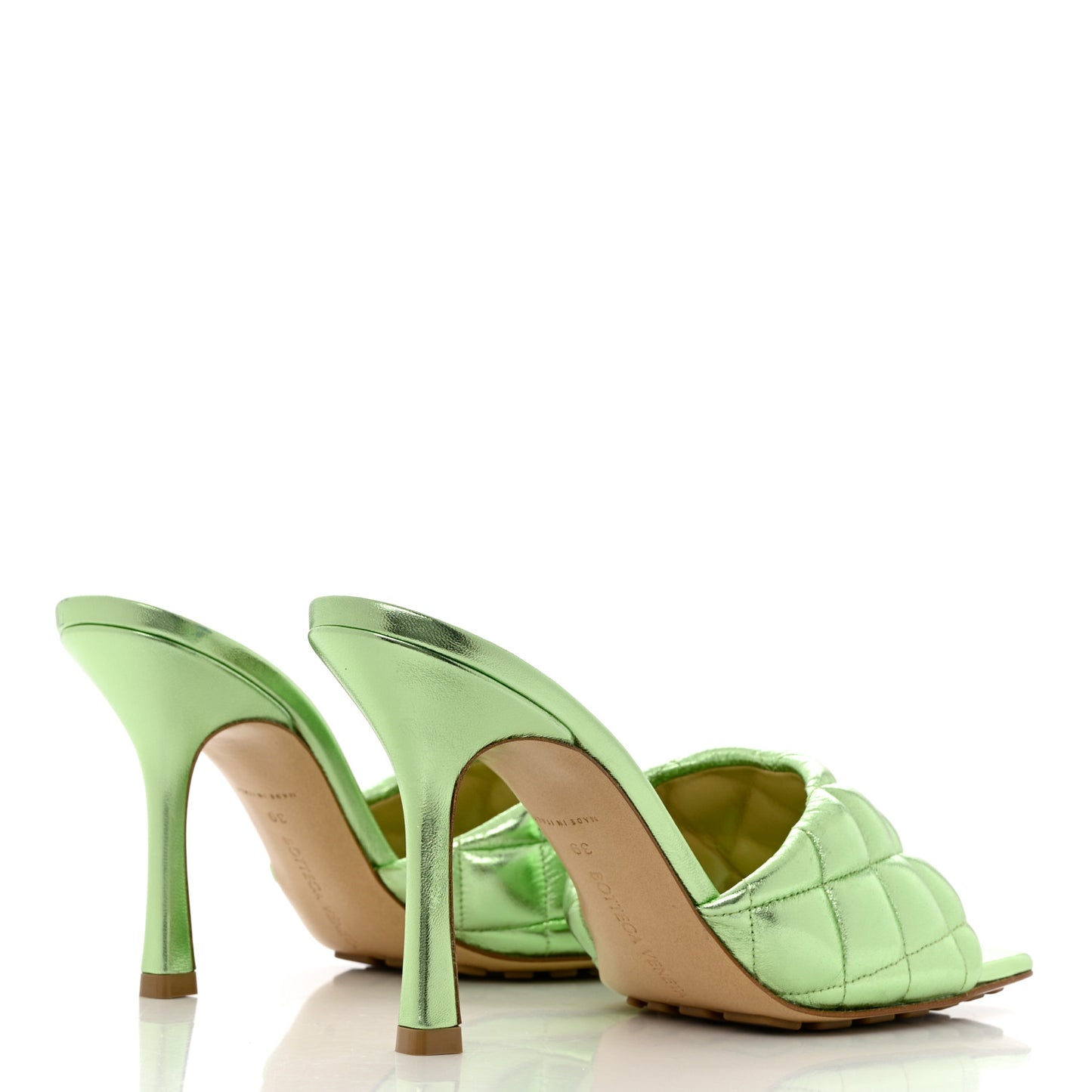 Metallic Nappa Reflection Matelasse Padded Mule Sandals 39 Pistachio