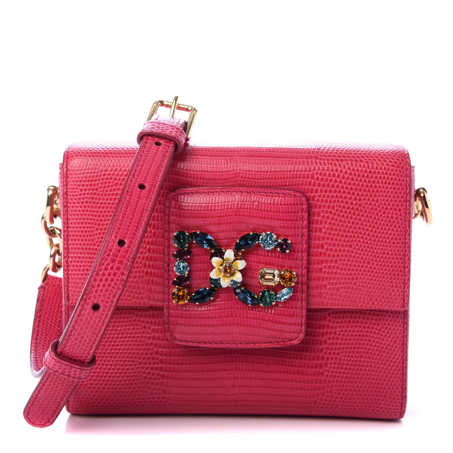 Stampa Iguana Calfskin Crystal Mini Milennials Shoulder Bag Pink