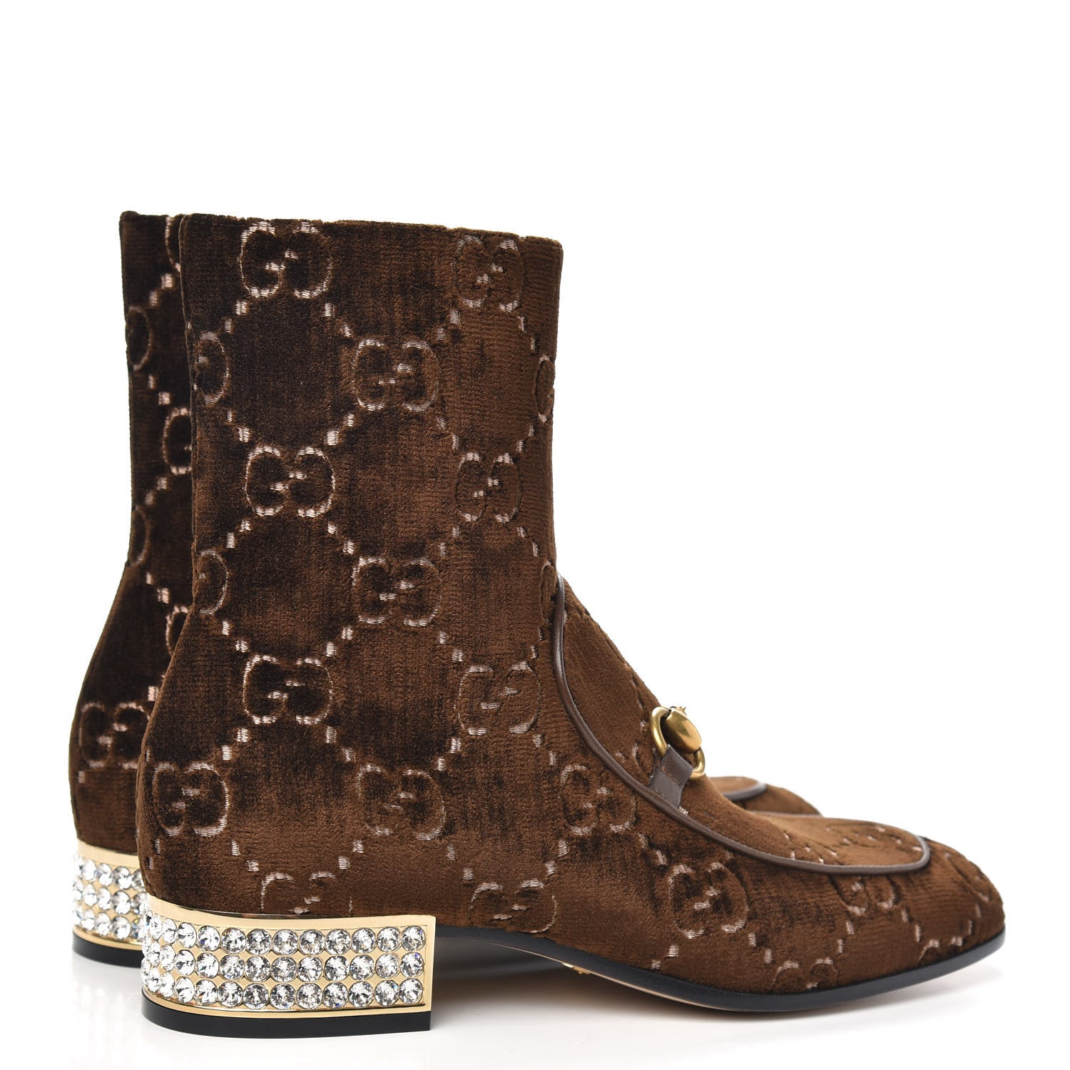 Gucci Velvet GG Monogram Crystal Horsebit Ankle Boots 37.5 Brown Vintage Cocoa 4 of 8