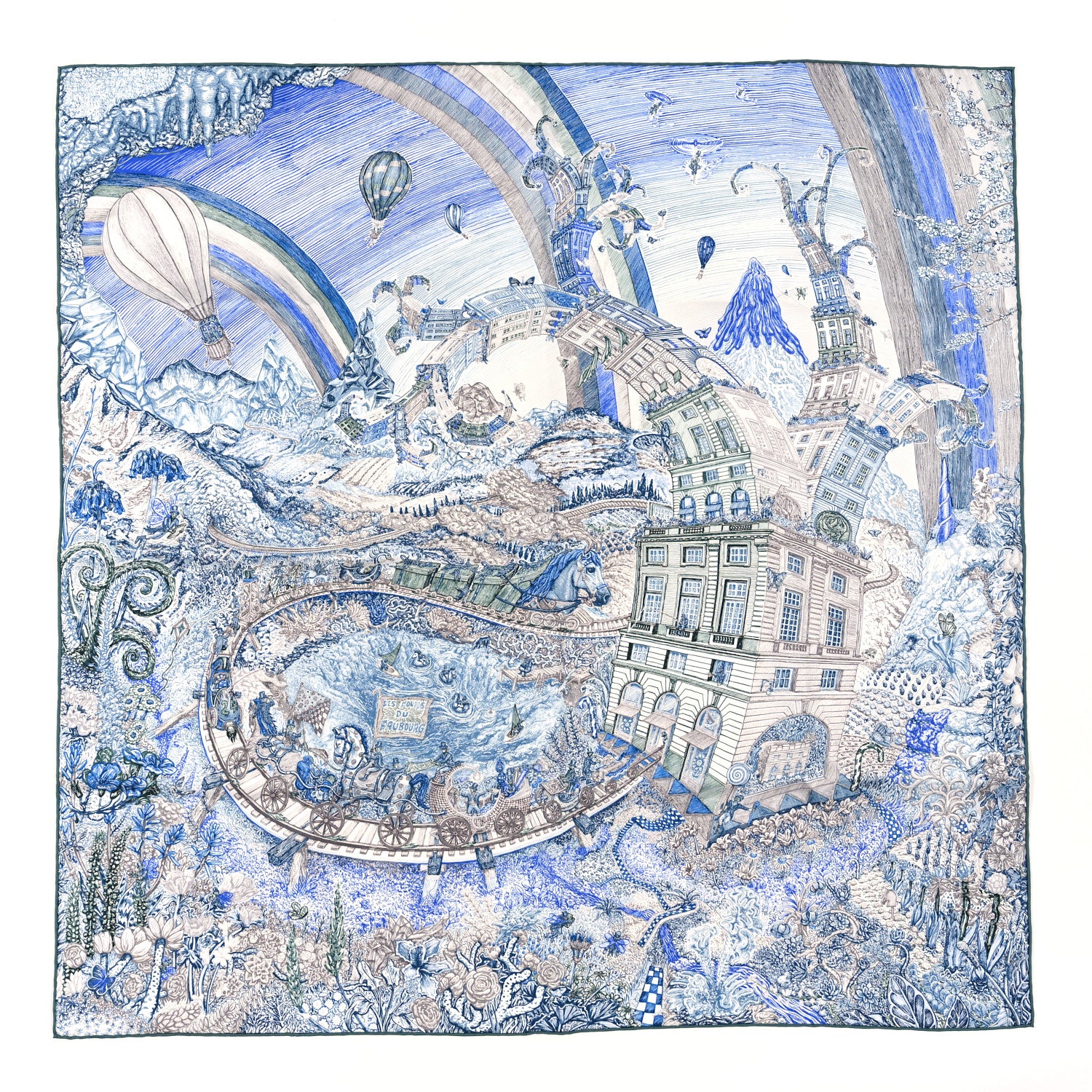 Hermes Silk Les Folies Du Ciel Scarf 90 Bleu Electrique Ardoise White 1 of 3