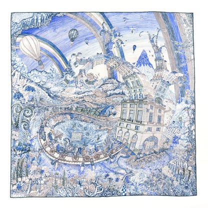 Hermes Silk Les Folies Du Ciel Scarf 90 Bleu Electrique Ardoise White 1 of 3