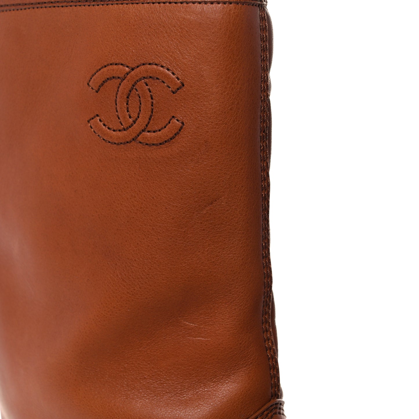 Calfskin Quilted CC Logo Mid Calf Boots 38.5 Caramel