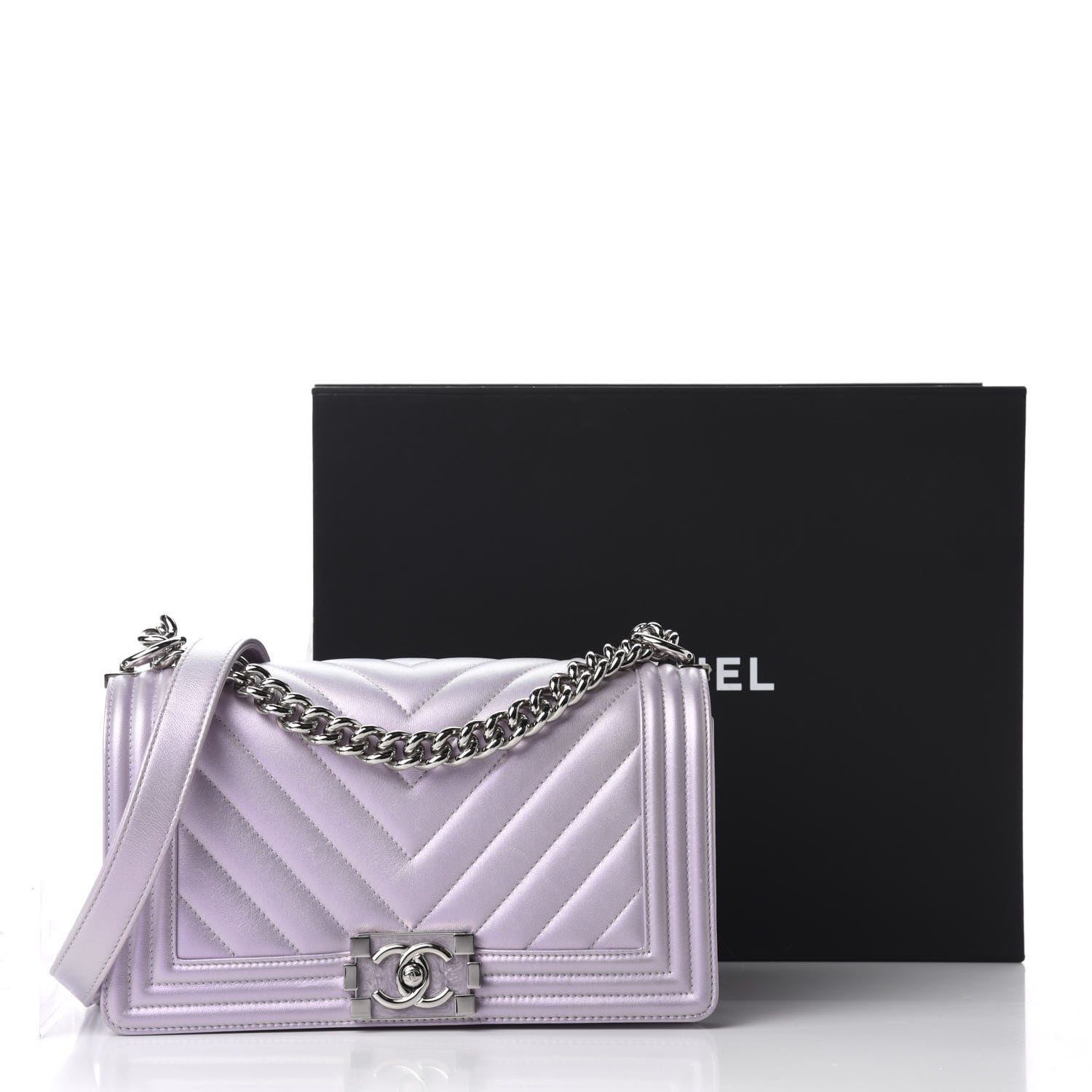Chanel Metallic Lambskin Chevron Quilted Medium Boy Flap Pink 12 of 12
