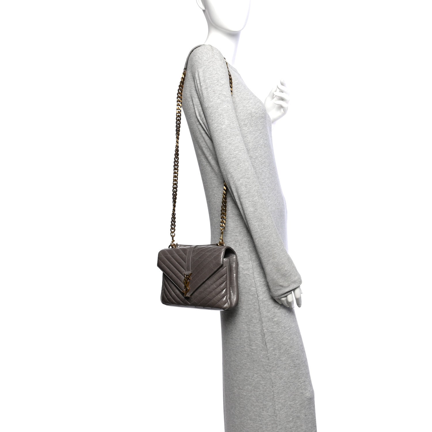 Saint Laurent Waxed Calfskin Matelasse Chevron Medium Monogram College Bag Fog Gray 2 of 14