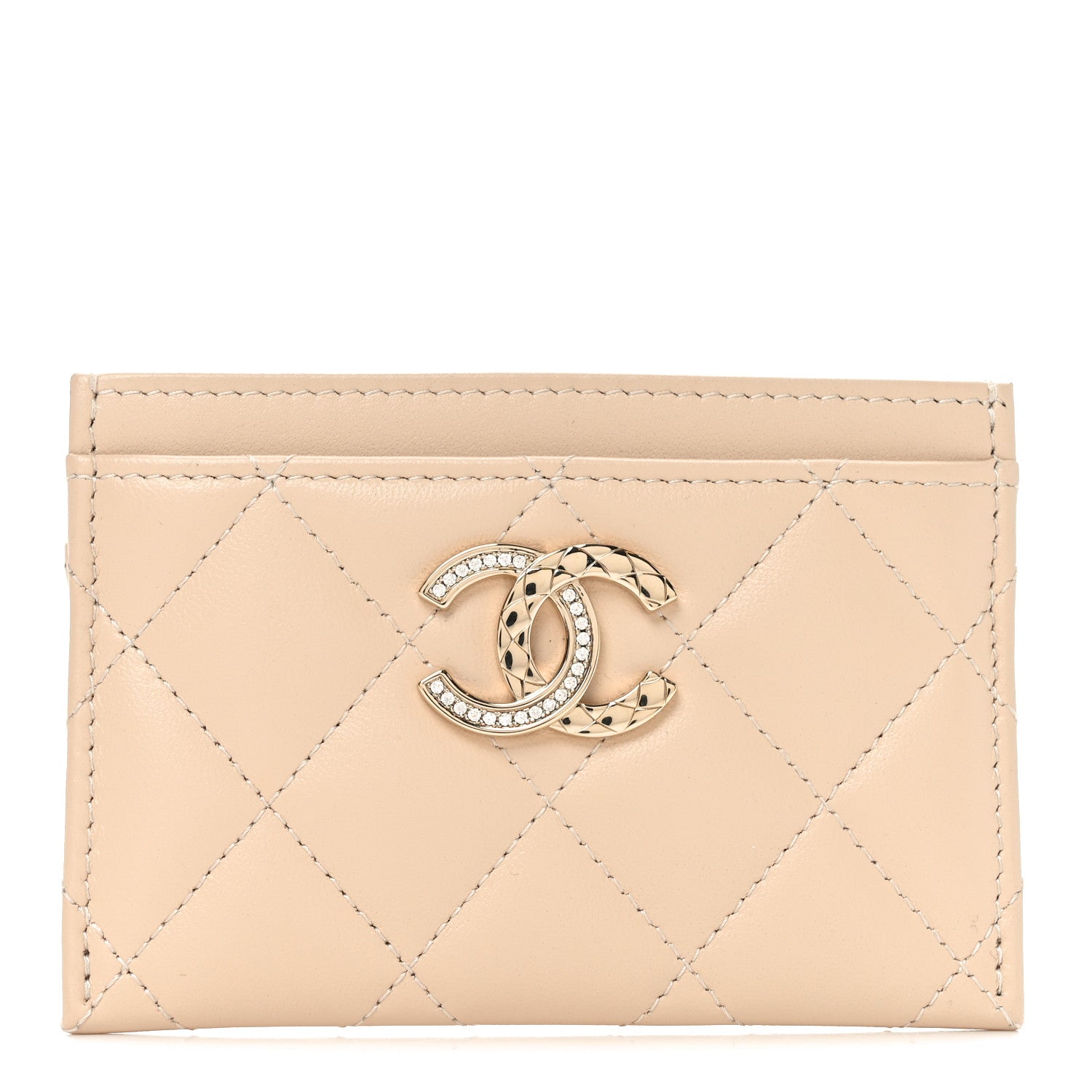 Chanel Lambskin Quilted Crystal CC Card Holder Beige 1 of 8