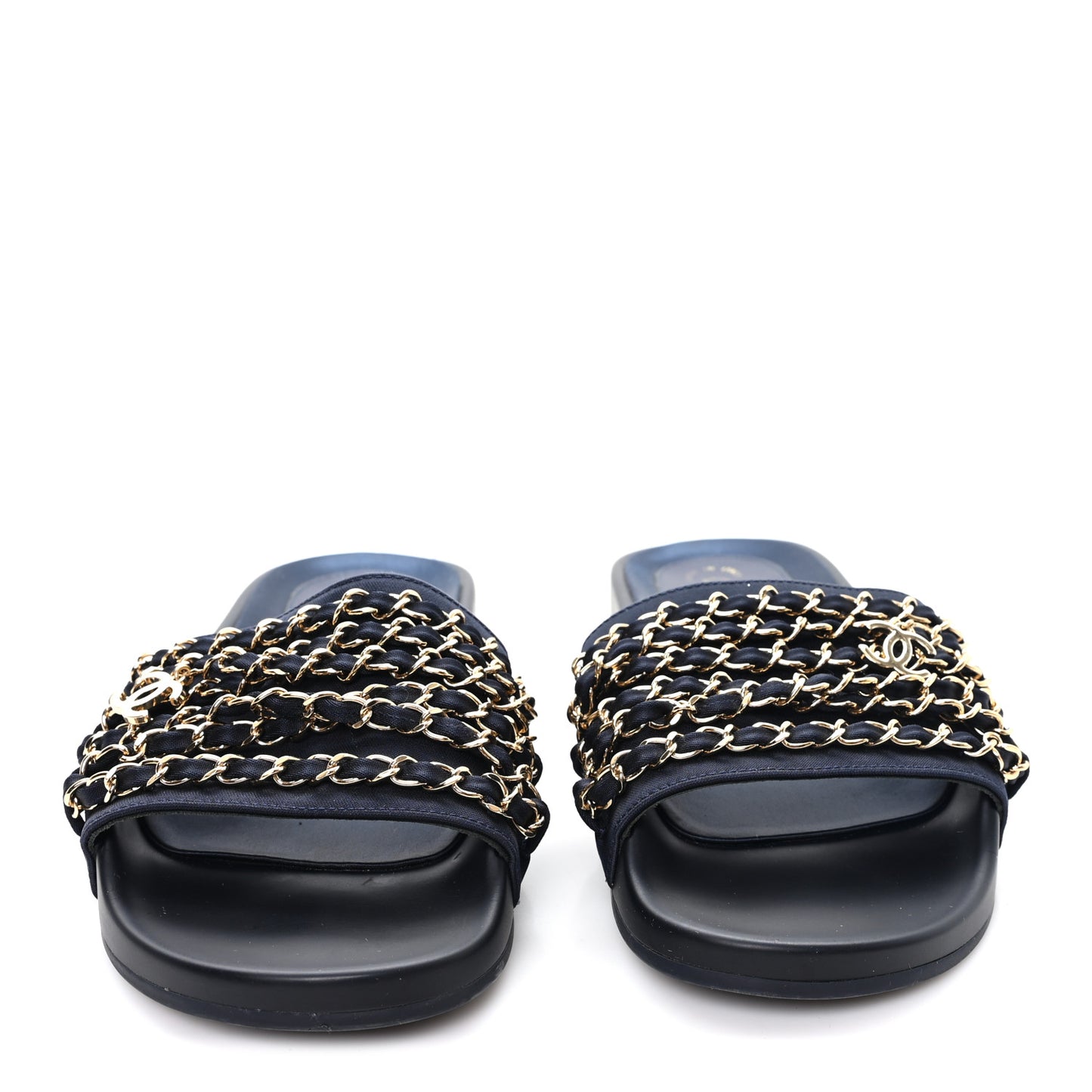 Satin Canvas Chain Slides Sandals Flats 38 Marine