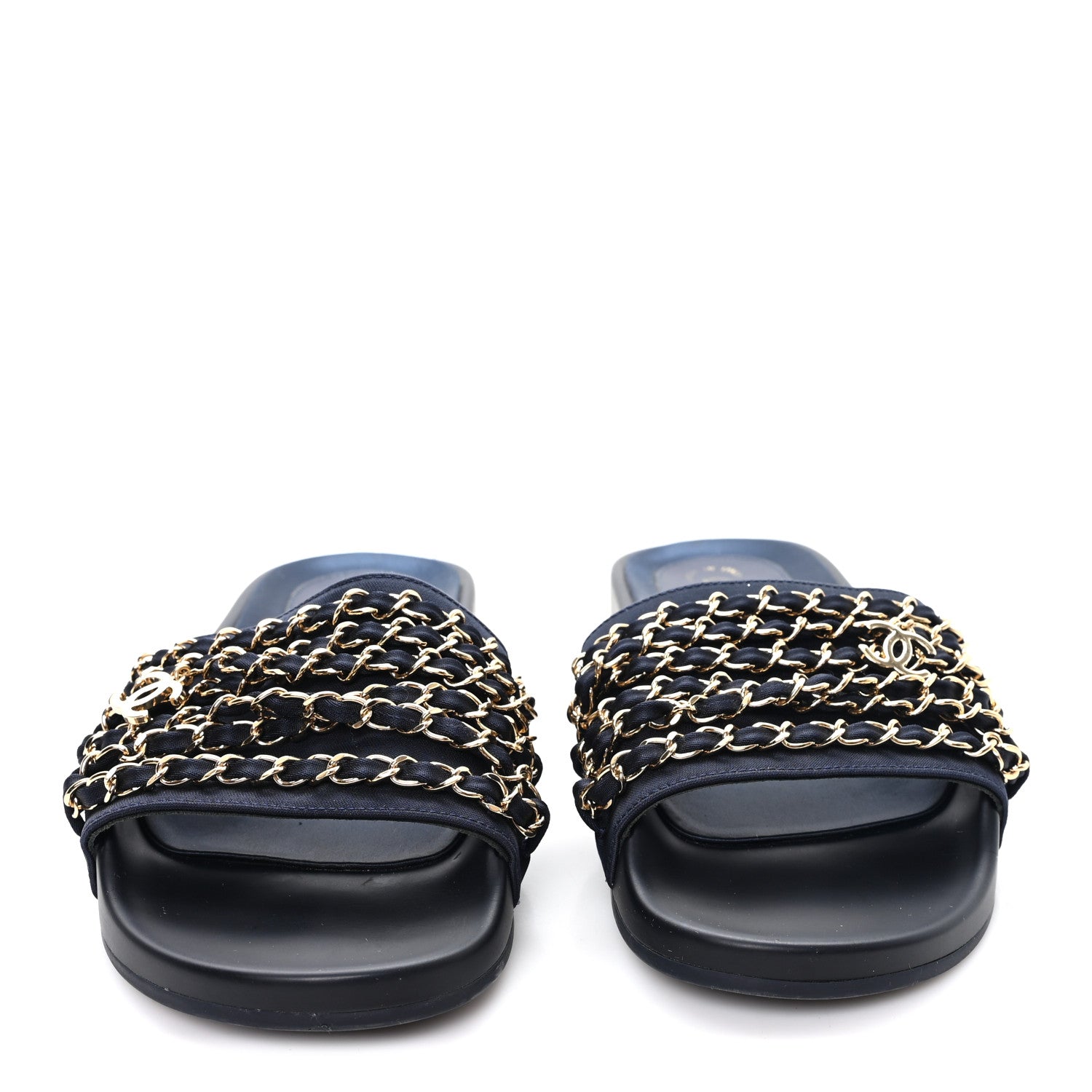 Chanel Satin Canvas Chain Slides Sandals Flats 38 Marine 3 of 9