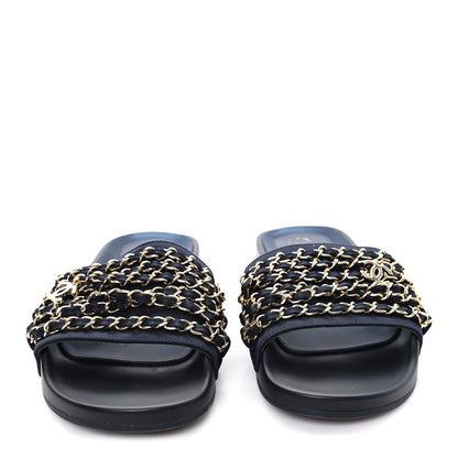 Chanel Satin Canvas Chain Slides Sandals Flats 38 Marine 3 of 9