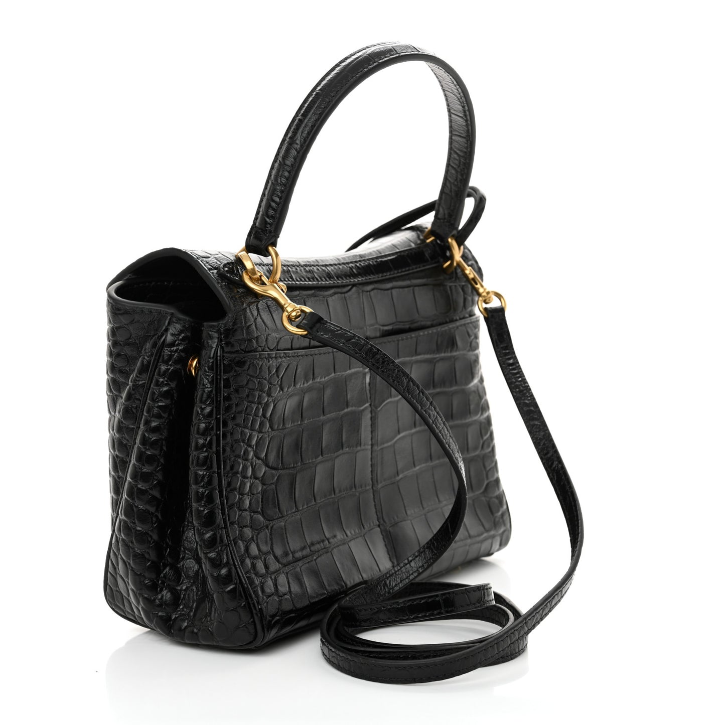 Shiny Calfskin Crocodile Embossed Mini Rodeo Top Handle Handbag Black