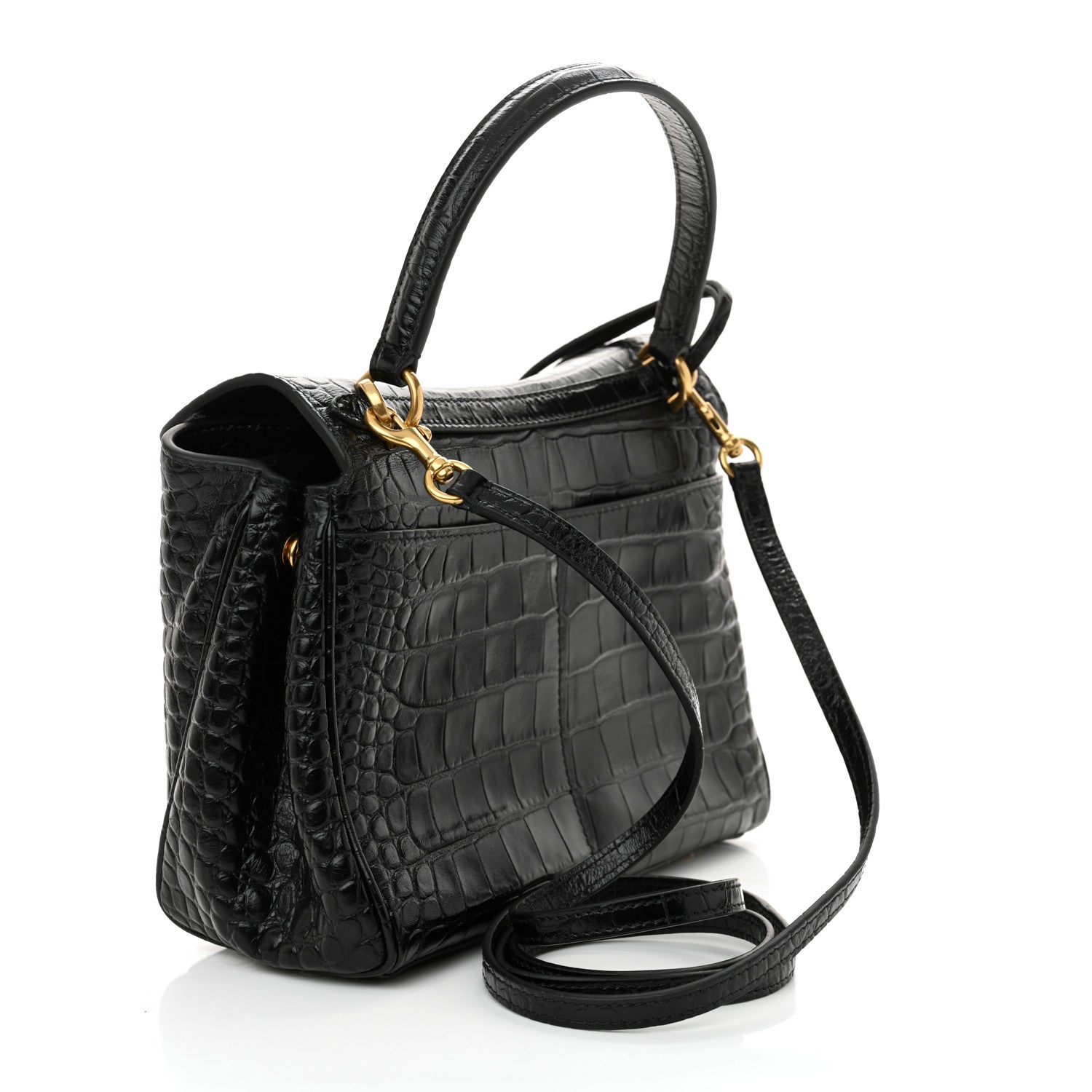 Balenciaga Shiny Calfskin Crocodile Embossed Mini Rodeo Top Handle Handbag Black 3 of 11