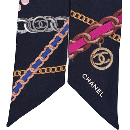 Chanel Silk Pearl CC Chain Slim Bandeau Scarf Navy Blue 3 of 3