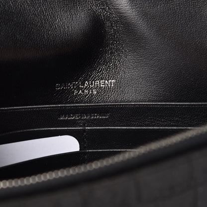 Saint Laurent Suede Crocodile Embossed Monogram Tassel Chain Wallet Black Silver 8 of 8