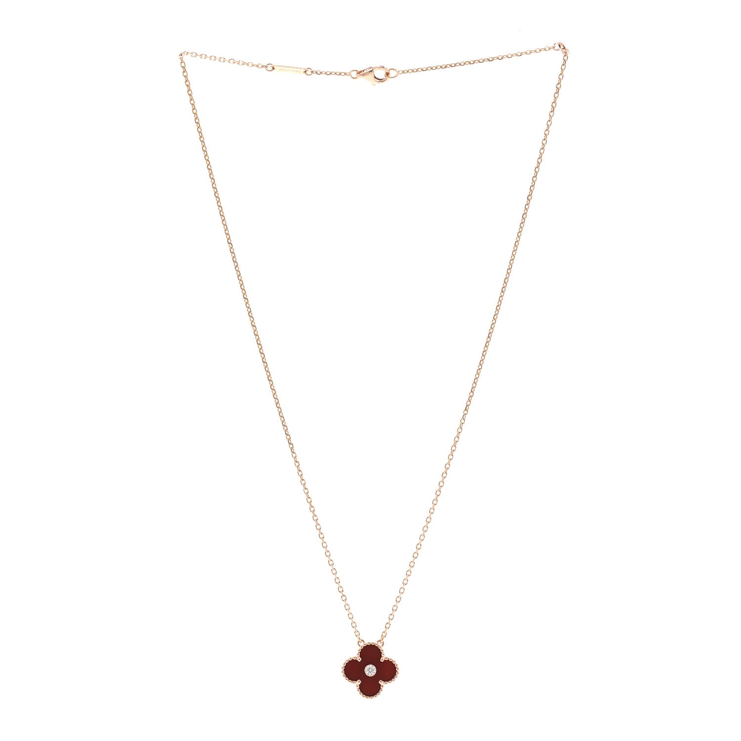 Van Cleef & Arpels 18K Rose Gold Diamond Carnelian Vintage Alhambra Pendant Necklace 3 of 5
