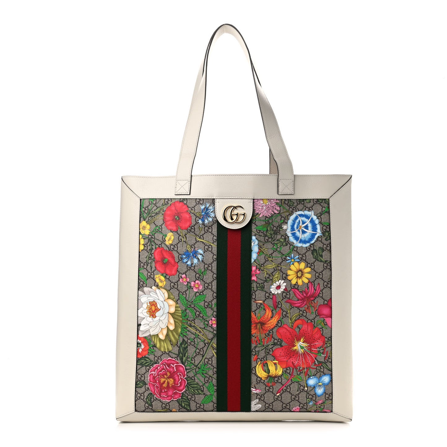GG Supreme Monogram Flora Web Ophidia Vertical Shopping Tote White
