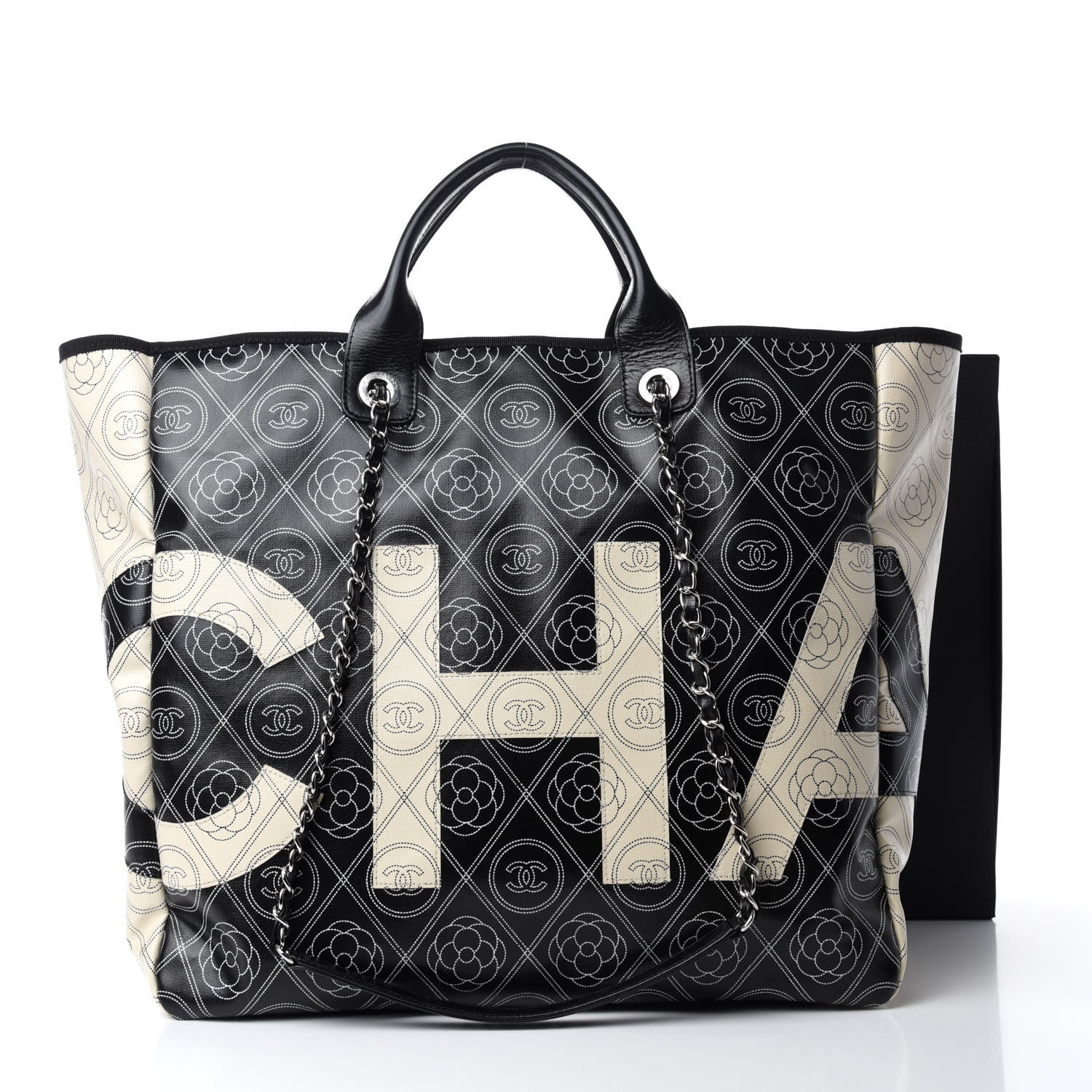 Chanel Coated Canvas Camellia Medium Shopping Tote Black Beige 10 of 10