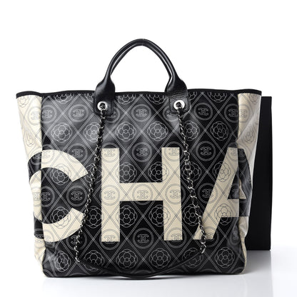 Chanel Coated Canvas Camellia Medium Shopping Tote Black Beige 10 of 10