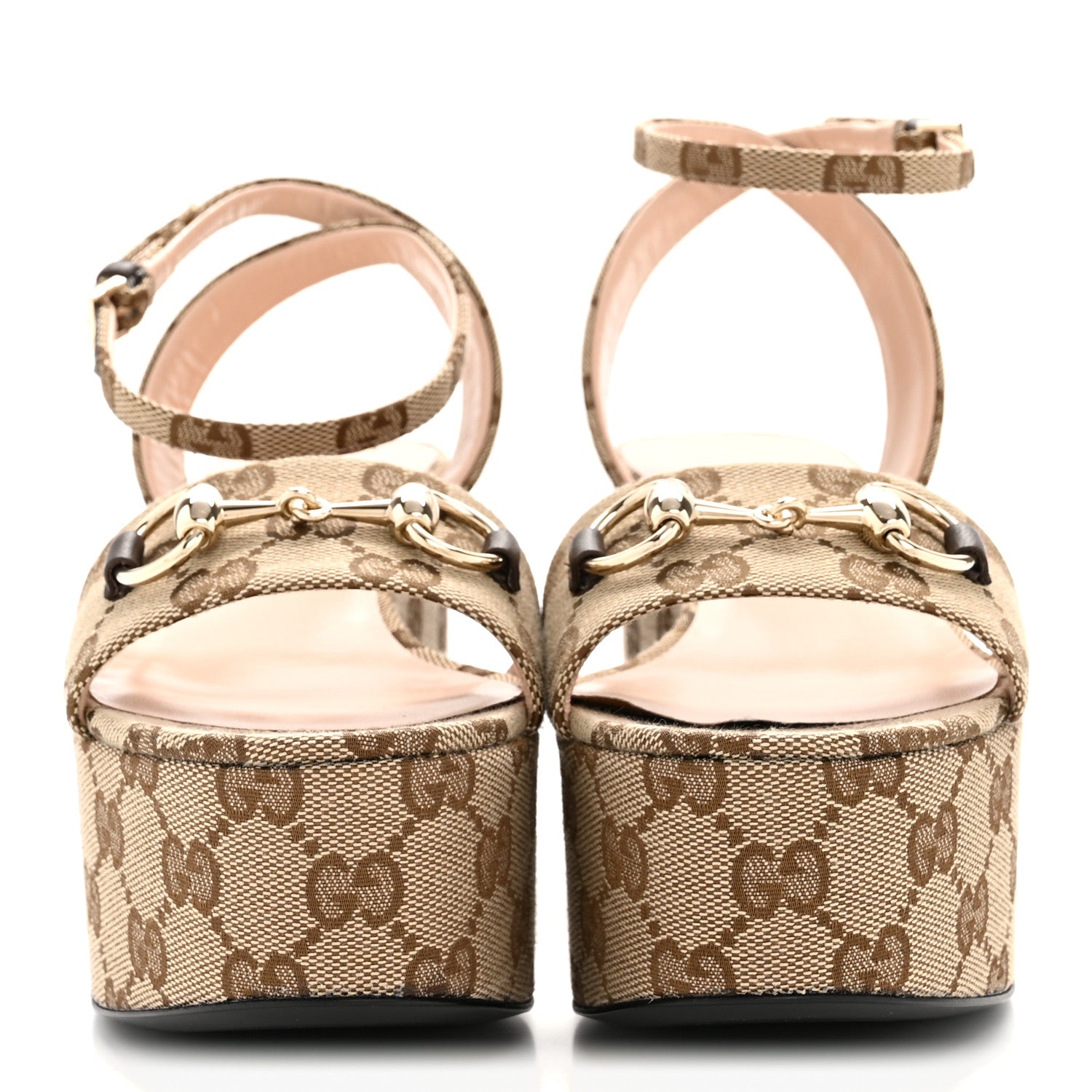 Gucci Monogram Nappa Chalotte Horsebit Ankle Strap 75mm Flatform Sandals 35 Beige Ebony 3 of 9