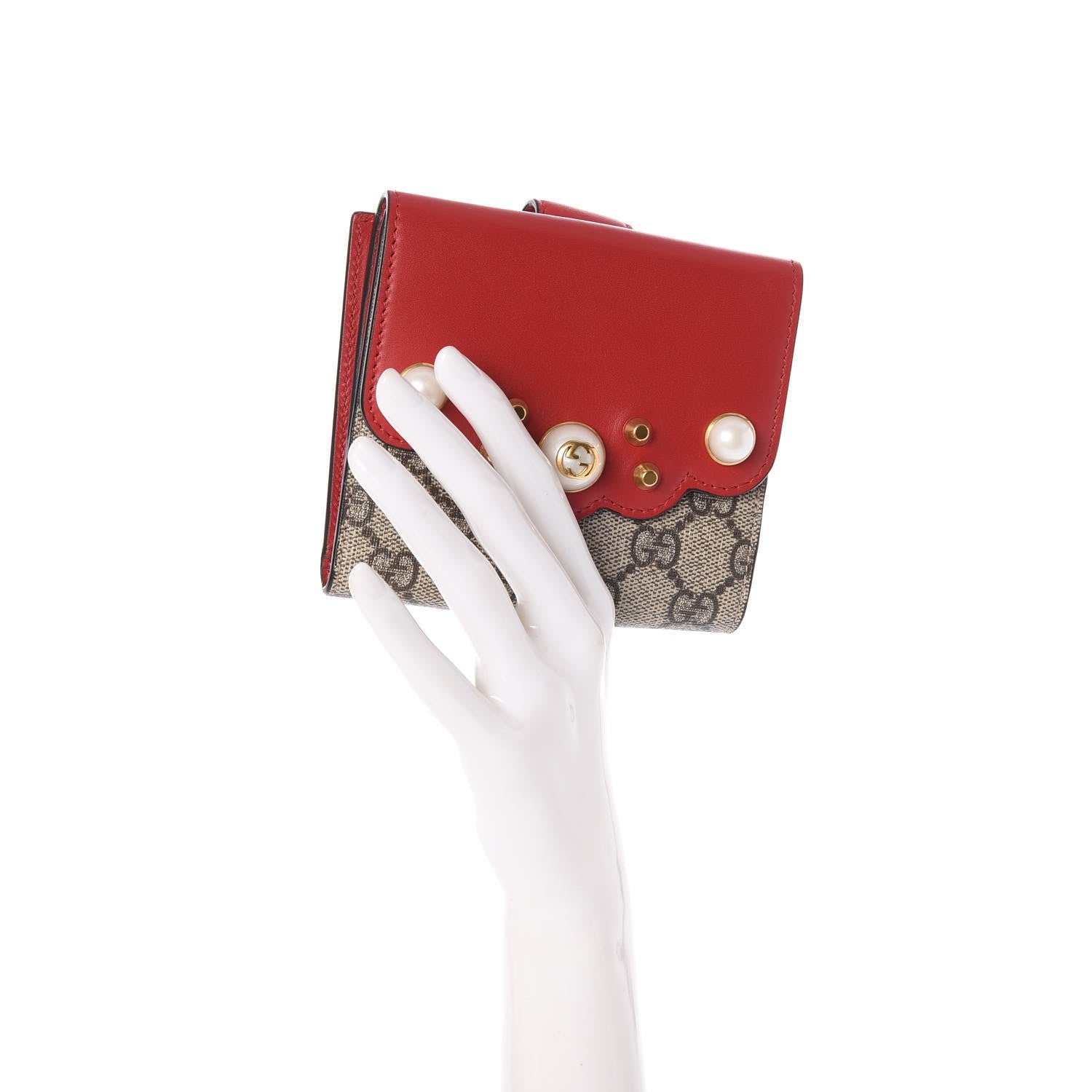 Gucci GG Supreme Monogram Pearl Studded French Wallet Beige Hibiscus Red 2 of 8