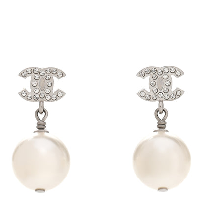 Chanel Crystal Pearl CC Drop Earrings Silver Pearly White 1 of 5
