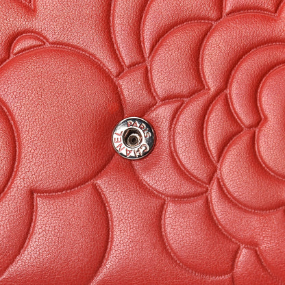 Chanel Lambskin Camellia Embossed Wallet On Chain WOC Red 12 of 17