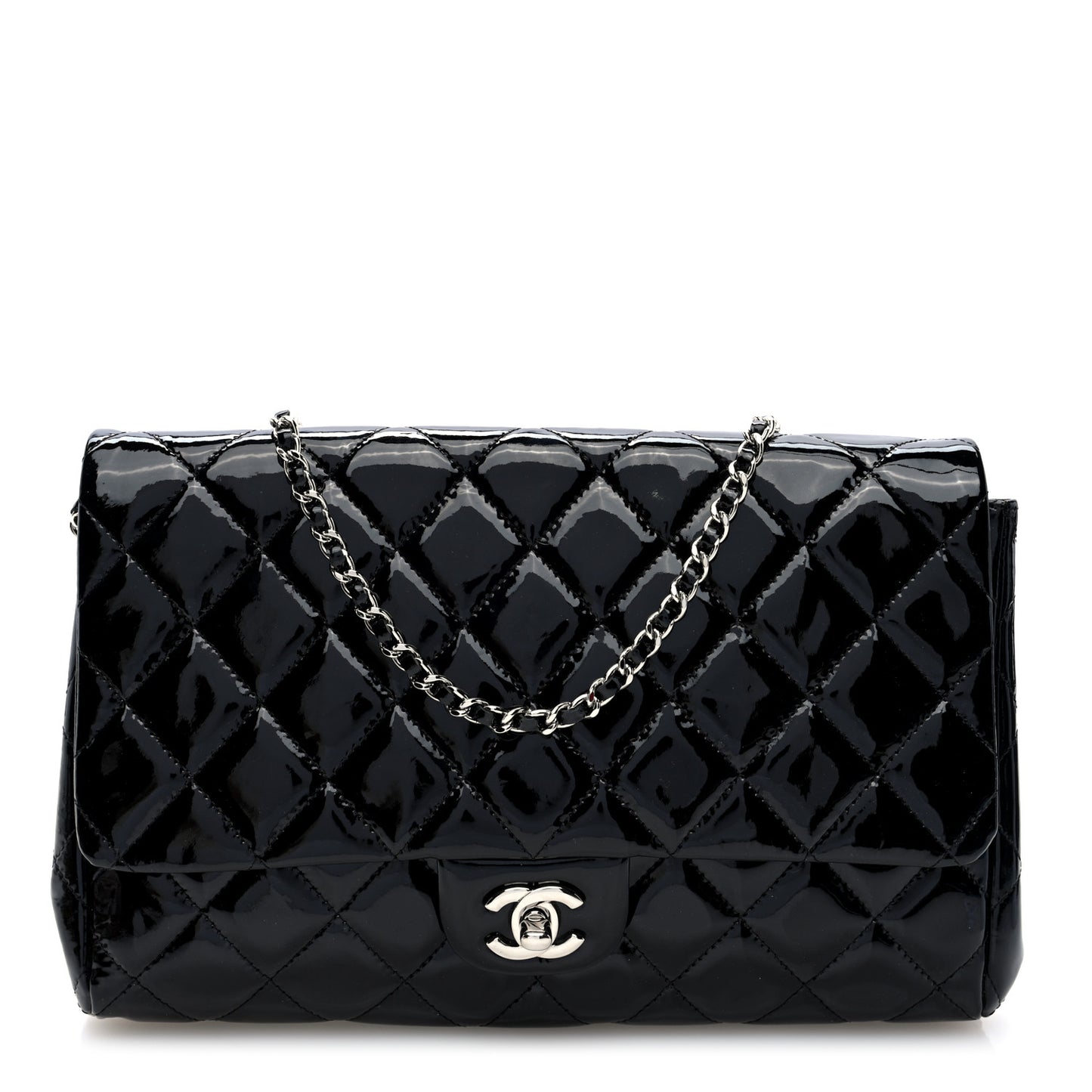 Patent Quilted Clutch with Chain Flap Black
