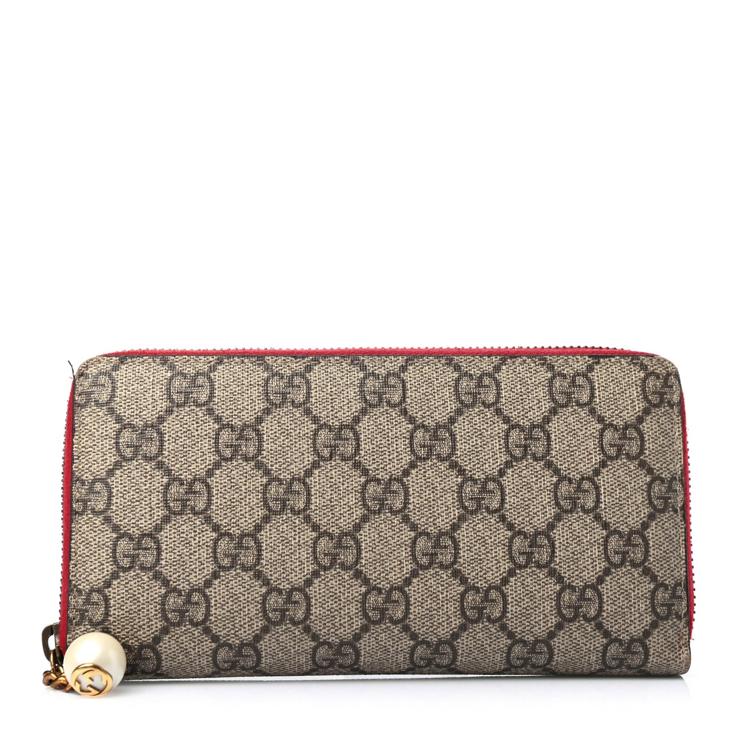 GG Supreme Monogram Pearl Zip Around Wallet Beige Hibiscus Red