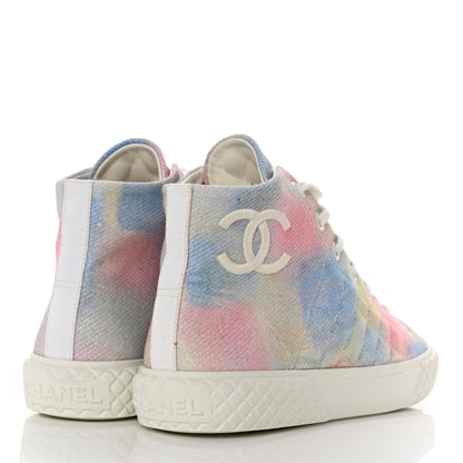 Chanel Printed Fabric Quilted High Top Sneakers 38 Green Pink Blue 4 of 9