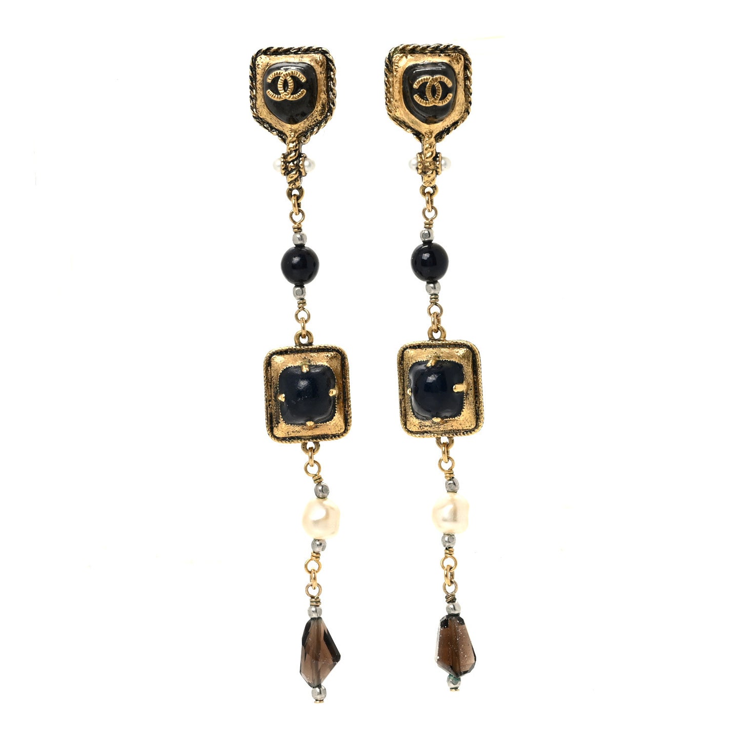 Pearl Bead CC Dangle Earrings Gold Black