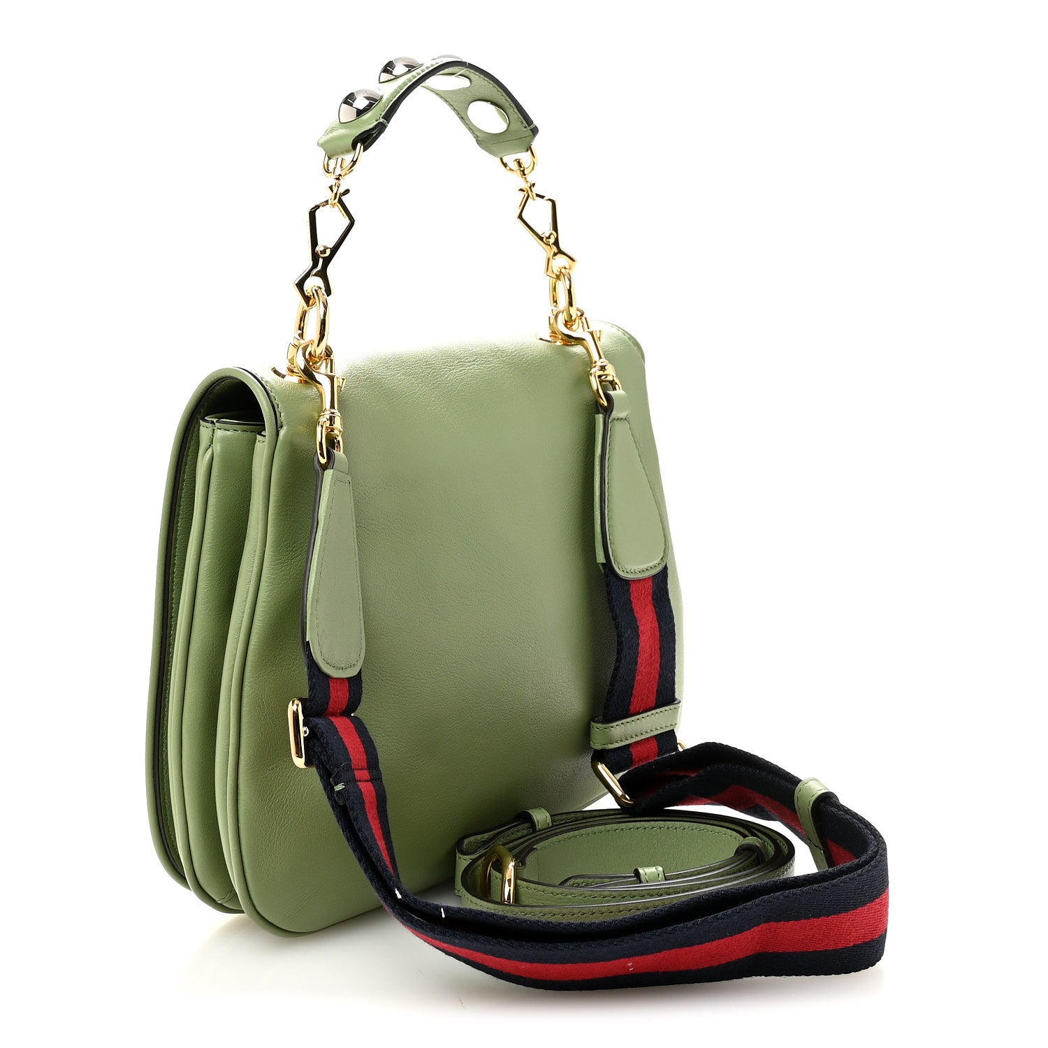Gucci Roxy Calfskin Web Medium Blondie Top Handle Shoulder Flap Bag Salamander Green 3 of 10