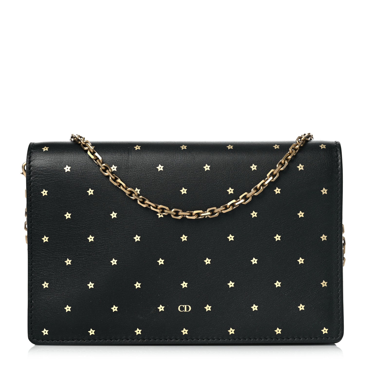 Christian Dior Calfskin Embossed Stars Wallet on Chain Black Gold 1 of 8